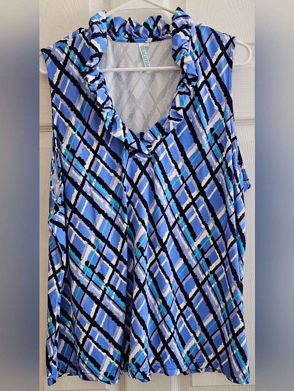 Beach Time 1X Tank Top Sleeveless Ruffle V-Neck Blue Black Plaid Activeware